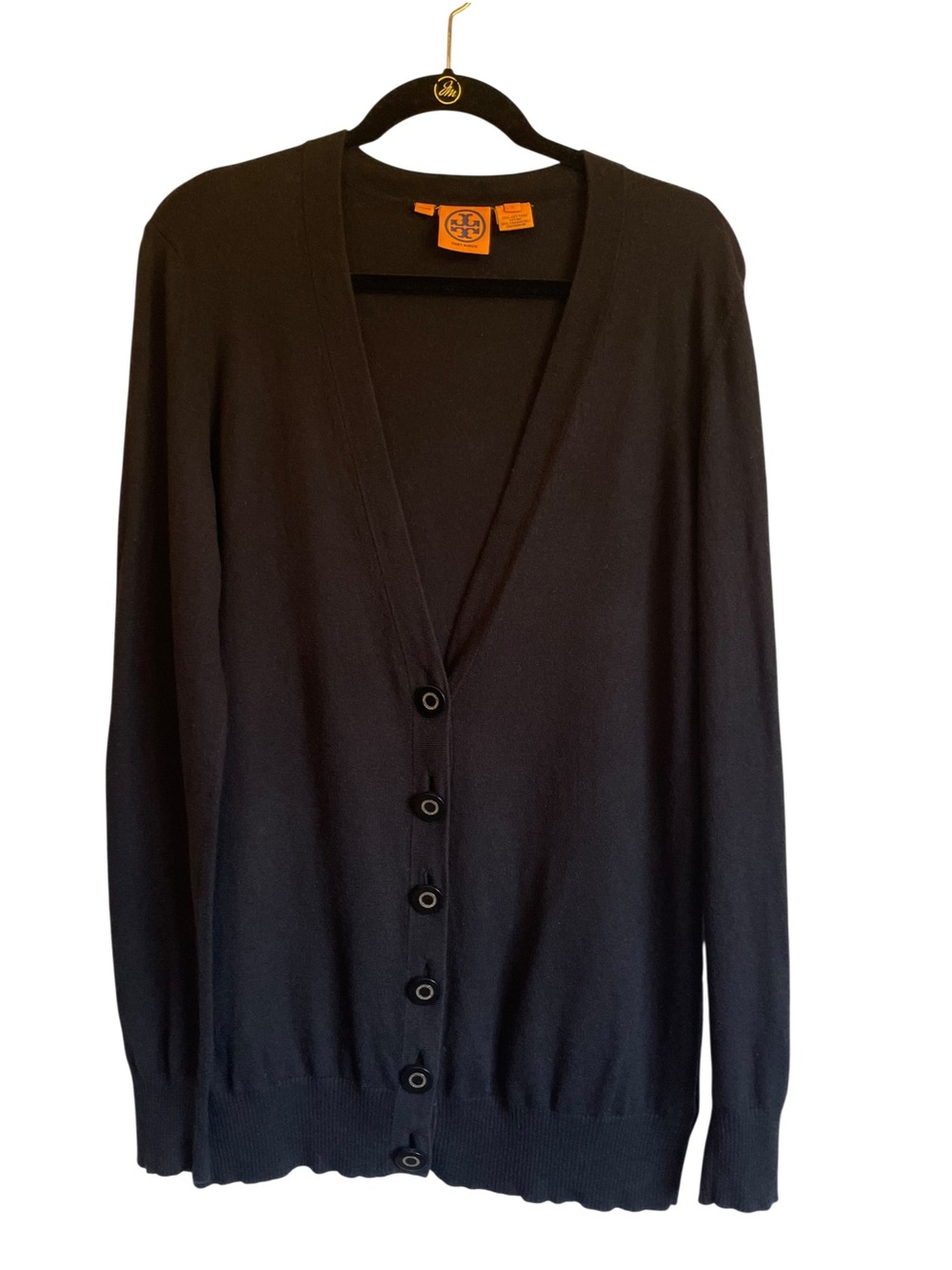 Tory Burch Cotton/Cashmere Black V-Neck Button-Front Cardigan